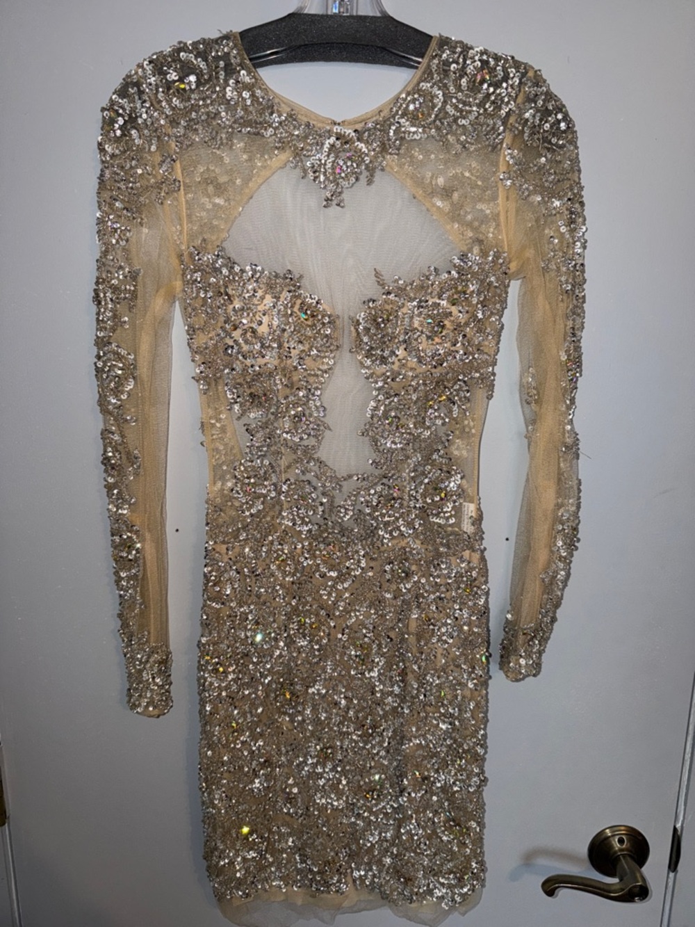 Jovani Champagne Sequin Long Sleeve Cocktail Dress